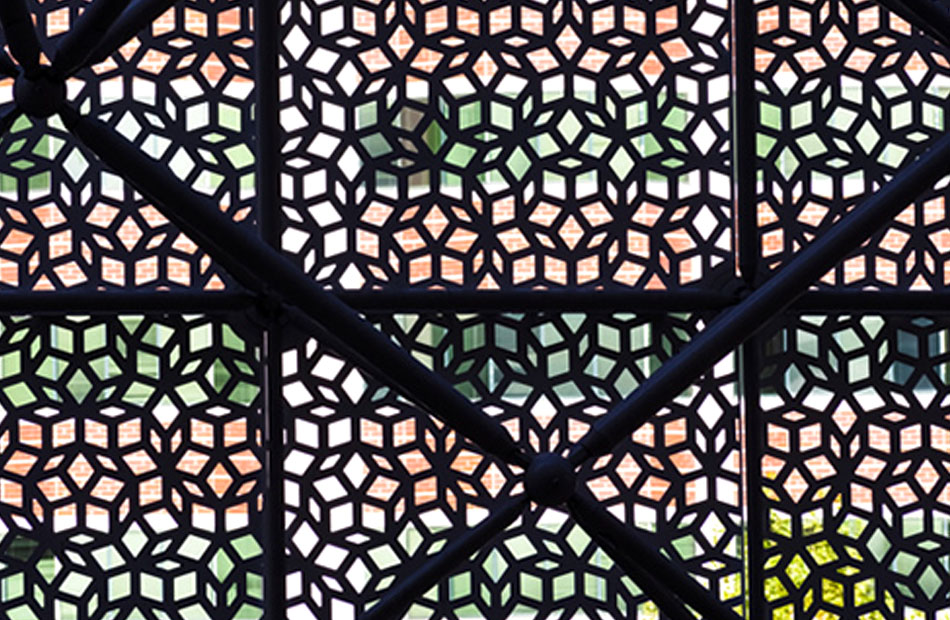 Laser & waterjet cut perforated steel for an exclusive balustrade, partition or column surround